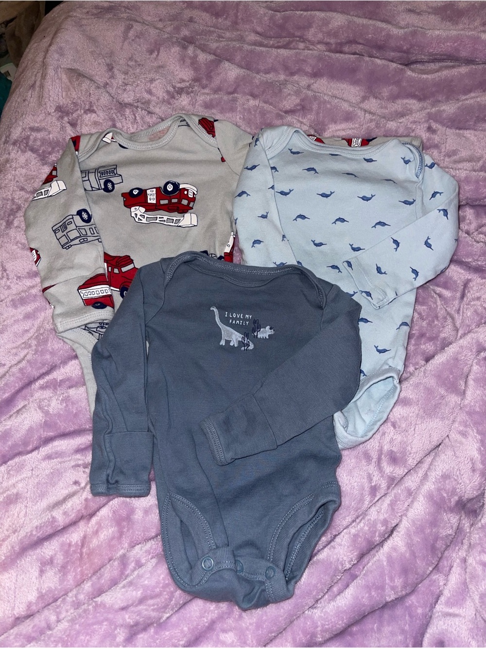 3-Pack Baby One-Piece Bodysuits - Gray, Light Blue, Beige with Fire Truck Print